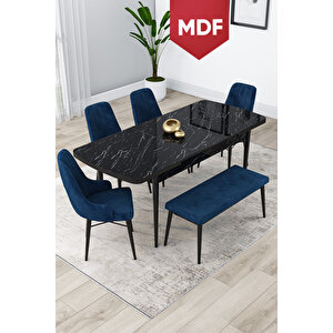 Lia Serisi 80x132 Mdf Açılabilir Mutfak Masası Takımı Siyah Mermer Masa 4 Lacivert Sandalye 1 Bench