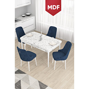 Taç Serisi Açılabilir Mdf Mutfak Masası Takımı 80x132 Beyaz Mermer Desen Masa 4 Lacivert Sandalye