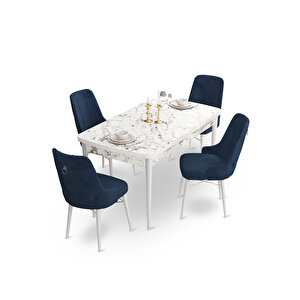 Taç Serisi Açılabilir Mdf Mutfak Masası Takımı 80x132 Beyaz Mermer Desen Masa 4 Lacivert Sandalye