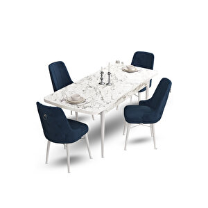 Taç Serisi Açılabilir Mdf Mutfak Masası Takımı 80x132 Beyaz Mermer Desen Masa 4 Lacivert Sandalye