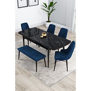 Kar Serisi Mdf 80x132 Siyah Mermer Desenli Mutfak Masası Takımı 4 Lacivert Sandalye 1 Bench