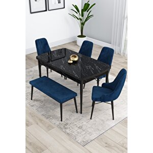 Kar Serisi Mdf 80x132 Siyah Mermer Desenli Mutfak Masası Takımı 4 Lacivert Sandalye 1 Bench