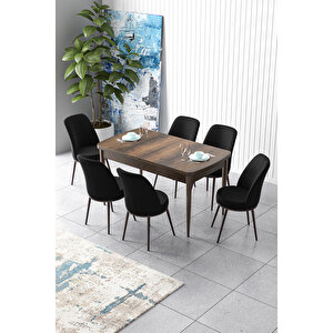 Zen Serisi 80x132 Mdf Açılabilir Barok Ahşap Desen Masa Takımı Ve 6 Siyah Sandalye