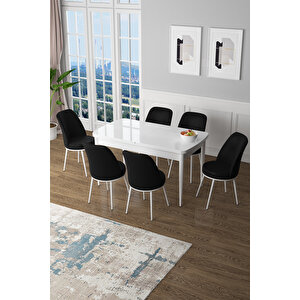 Zen Serisi 80x132 Mdf Açılabilir Beyaz Masa Takımı Ve 6 Siyah Sandalye