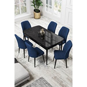 Par Serisi 70x114 Açılabilir Mdf Mutfak Masası Takımı Siyah Mermer Desen Masa 6 Lacivert Sandalye