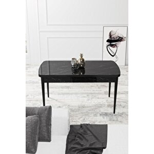 Par Serisi 70x114 Açılabilir Mdf Mutfak Masası Takımı Siyah Mermer Desen Masa 6 Lacivert Sandalye