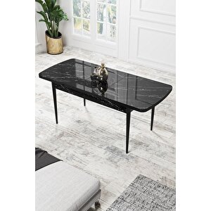 Par Serisi 70x114 Açılabilir Mdf Mutfak Masası Takımı Siyah Mermer Desen Masa 6 Lacivert Sandalye