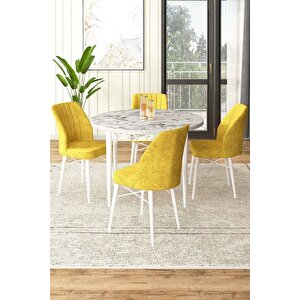 Rox Serisi 90x90 Yuvarlak Beyaz Mermer Desen Masa Ve 4 Hardal Sandalye