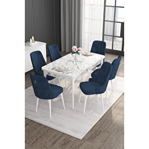 Noa Serisi 80x132 Açılabilir Mdf Beyaz Mermer Desen Masa Takımı Ve 6 Lacivert Sandalye