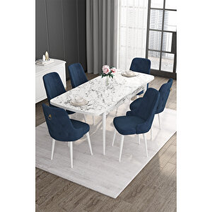 Noa Serisi 80x132 Açılabilir Mdf Beyaz Mermer Desen Masa Takımı Ve 6 Lacivert Sandalye