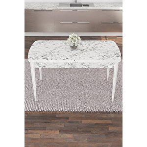 Noa Serisi 80x132 Açılabilir Mdf Beyaz Mermer Desen Masa Takımı Ve 6 Lacivert Sandalye