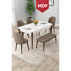Rut Serisi Açılabilir Mdf 80x132 Beyaz Masa Ceviz Ayak Yemek Odası Takımı 4 Sandalye 1 Bench
