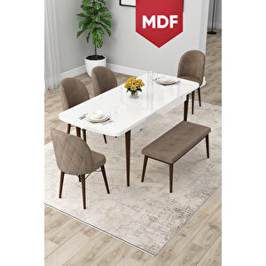 Rut Serisi Açılabilir Mdf 80x132 Beyaz Masa Ceviz Ayak Yemek Odası Takımı 4 Sandalye 1 Bench