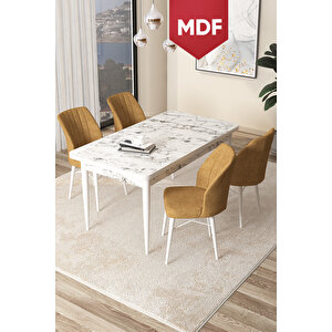 Arp Serisi 70x110 Mdf Sabit Mutfak Masası Takımı Beyaz Mermer Desen Masa 4 Cappucino Sandalye