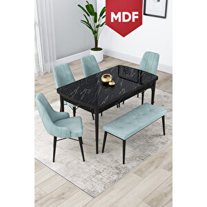Lia Serisi Mdf Siyah Mermer Desen Masa Açılabilir 80x132 Yemek Masası 4 Su Yeşili Sandalye Ve 1 Bench