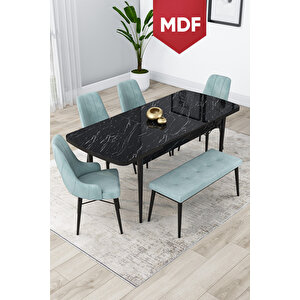 Lia Serisi Mdf Siyah Mermer Desen Masa Açılabilir 80x132 Yemek Masası 4 Su Yeşili Sandalye Ve 1 Bench