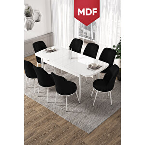 Via Serisi Mdf 80x132 Açılabilir Mutfak Masası Takımı Beyaz Masa 8 Siyah Sandalye