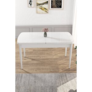Via Serisi Mdf 80x132 Açılabilir Mutfak Masası Takımı Beyaz Masa 8 Siyah Sandalye