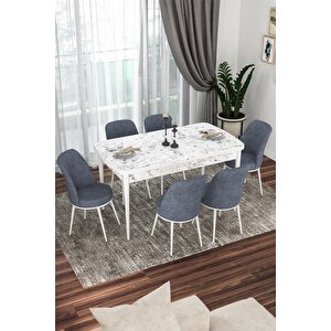 Kor Serisi 70x114 Açılabilir Mutfak Masası Takımı Beyaz Mermer Desen Masa 6 Füme Sandalye
