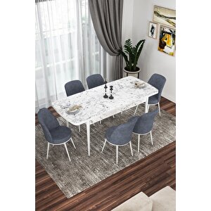 Kor Serisi 70x114 Açılabilir Mutfak Masası Takımı Beyaz Mermer Desen Masa 6 Füme Sandalye