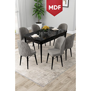 Rut Serisi Açılabilir Mdf 80x132 Siyah Mermer Desen Yemek Odası Takımı Ve 6 Gri Sandalye