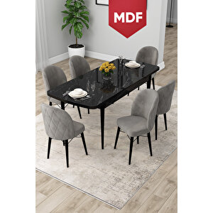 Rut Serisi Açılabilir Mdf 80x132 Siyah Mermer Desen Yemek Odası Takımı Ve 6 Gri Sandalye