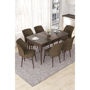 Nef Serisi 70x114 Açılabilir Mdf Barok Ahşap Desen Masa Takımı Ve 6 Kahverengi Sandalye