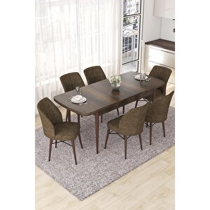 Nef Serisi 70x114 Açılabilir Mdf Barok Ahşap Desen Masa Takımı Ve 6 Kahverengi Sandalye