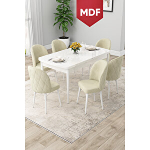 Rut Serisi Açılabilir Mdf 80x132 Beyaz Masa Mutfak Masası Takımı Ve 6 Krem Sandalye
