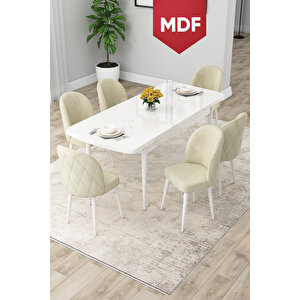 Rut Serisi Açılabilir Mdf 80x132 Beyaz Masa Mutfak Masası Takımı Ve 6 Krem Sandalye