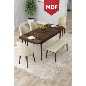 Rut Serisi Açılabilir Mdf 80x132 Barok Ahşap Desen Yemek Odası Takımı 4 Krem Sandalye 1 Bench