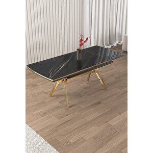 Poy Serisi 89x150 Açılabilir Lak Panel Gold Ayak Siyah Mermer Desen Masa