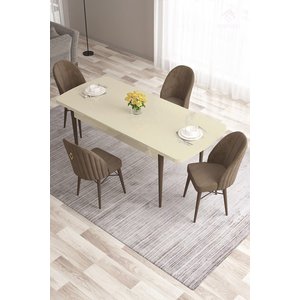 Roz Serisi 80x132 Mdf Açılabilir Krem Masa Ceviz Ayak Masa Takımı Ve 4 Kahverengi Sandalye