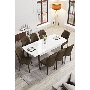Rio Serisi 80x132 Açılabilir Mdf Mutfak Masası Takımı Beyaz Ceviz Masa 6 Kahverengi Sandalye