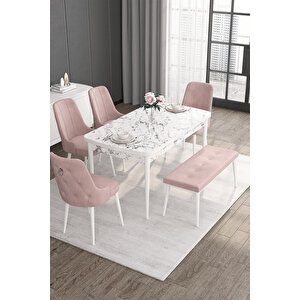 Noa Serisi 80x132 Açılabilir Mdf Beyaz Mermer Desen Masa Takımı 4 Pembe Sandalye Ve 1 Bench