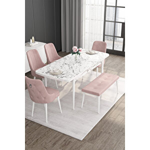Noa Serisi 80x132 Açılabilir Mdf Beyaz Mermer Desen Masa Takımı 4 Pembe Sandalye Ve 1 Bench