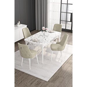 Noa Serisi Beyaz Mermer 80x132 Açılabilir Masa Takımı 4 Krem Sandalye Gümüş Halkalı