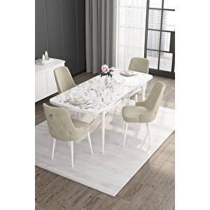 Noa Serisi Beyaz Mermer 80x132 Açılabilir Masa Takımı 4 Krem Sandalye Gümüş Halkalı
