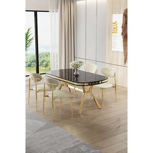 Olya Serisi 90x168 Lak Panel Sonata Masa Takımı Gold Ayaklı 4 Krem Sandalye
