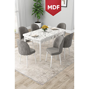 Rut Serisi Açılabilir Mdf 80x132 Beyaz Mermer Desen Mutfak Masası Takımı Ve 6 Gri Sandalye