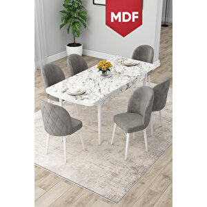 Rut Serisi Açılabilir Mdf 80x132 Beyaz Mermer Desen Mutfak Masası Takımı Ve 6 Gri Sandalye