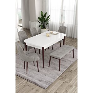 Eta Serisi, Beyaz Masa Kahve Ayak 80x132 Mdf Mutfak Masa Takımı, 4 Krem Sandalye Ve 1 Bench