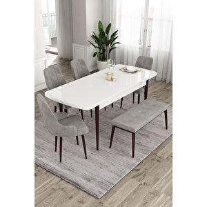 Eta Serisi, Beyaz Masa Kahve Ayak 80x132 Mdf Mutfak Masa Takımı, 4 Krem Sandalye Ve 1 Bench