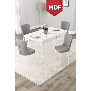 Due Serisi 80x132 Mdf Açılabilir Beyaz Mermer Desen Yemek Odası Takımı Ve 4 Gri Sandalye
