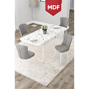 Due Serisi 80x132 Mdf Açılabilir Beyaz Mermer Desen Yemek Odası Takımı Ve 4 Gri Sandalye