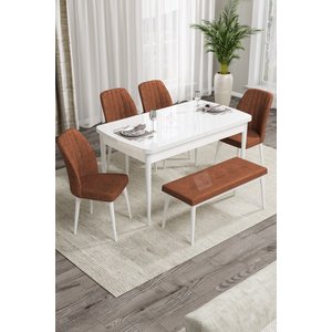 Rio Serisi 80x132 Açılabilir Mdf Mutfak Masası Takımı Beyaz Masa 4 Kiremit Sandalye 1 Bench