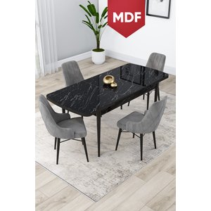 Lia Serisi, 80x132 Mdf Açılabilir Mutfak Masa Takımı, Siyah Mermer Desen Masa 4 Gri Sandalye