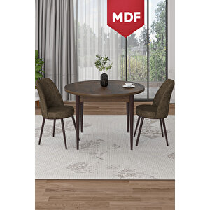 Tor Serisi Mdf Yuvarlak 90x90 Barok Ahşap Desenli Sabit Masa 2 Kahverengi Mutfak Masası Takımı