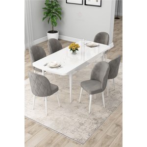 Rut Serisi Açılabilir 80x132 Beyaz Mutfak Masası Takımı Ve 6 Gri Sandalye