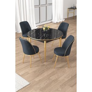 Osle Serisi 90x90 Yuvarlak Siyah Mermer Desen Mutfak Masa Takımı 4 Antrasit Sandalye Gold Detay